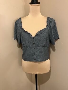 URBAN Outfitters Urban Romantics Blue Eyelet Button-Front Crop Smock back, XL